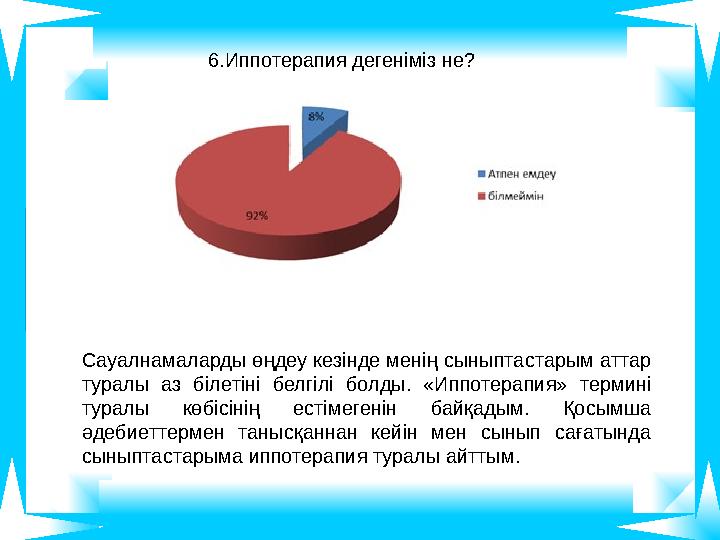 6.Иппотерапия дегеніміз не? Сауалнамаларды өңдеу кезінде менің сыныптастарым аттар туралы аз білетіні белгілі болды. «Иппотерап 6.Иппотерапия дегеніміз не? Сауалнамаларды өңдеу кезінде менің сыныптастарым аттар туралы аз білетіні белгілі болды. «Иппотерап