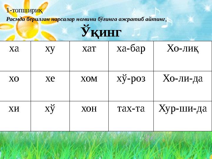 1-топшириқ Расмда берилган нарсалар номини бўғинга ажратиб айтинг, Ўқинг ха ху хатха-барХо-лиқ хо хе хомхў-розХо