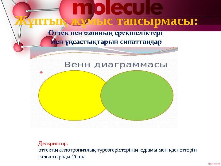 Жұптық жұмыс тапсырмасы: Оттек пен озонның ерекшеліктері мен ұқсастықтарын сипаттаңдар Дескриптор: оттектің аллотропиялық түрөз Жұптық жұмыс тапсырмасы: Оттек пен озонның ерекшеліктері мен ұқсастықтарын сипаттаңдар Дескриптор: оттектің аллотропиялық түрөз