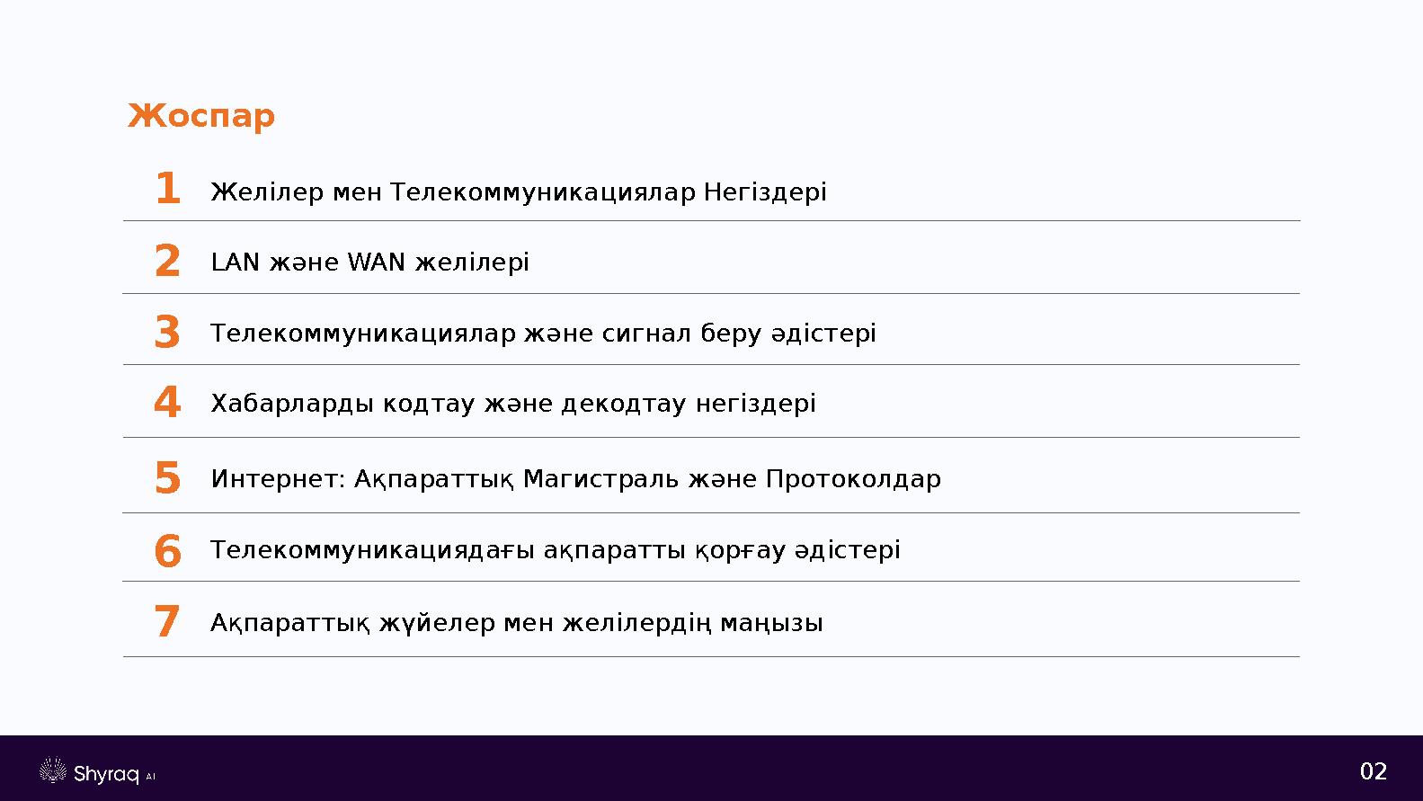 Жоспар 1Желілер мен Телекоммуникациялар Негіздері 2LAN және WAN желілері 3Телекоммуникациялар және сигнал беру әдістері 4Хабарла