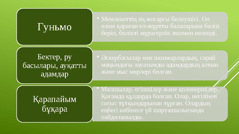•Мемлекеттің ең жоғарғы билеушісі. Ол өзіне қараған ел-жұртты балаларына бөліп беріп, билікті мұрагерлік жолмен иеленді. Гу
