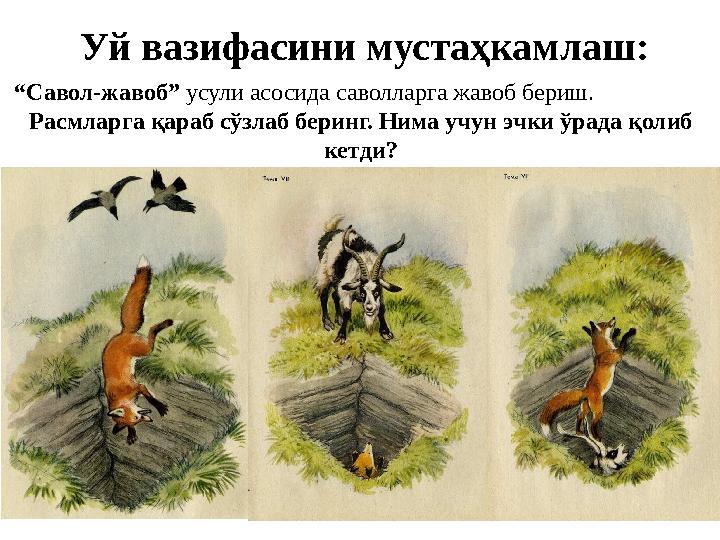 “Савол-жавоб” усули асосида саволларга жавоб бериш. Расмларга қараб сўзлаб беринг. Нима учун эчки ўрада қолиб кетди? Уй вазифас