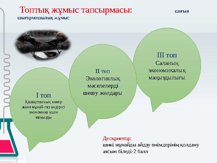 Топтық жұмыс тапсырмасы: шағын шығармашылық жұмыс І топ Қазақстанның көмір және мұнай-газ өндірісі экономи