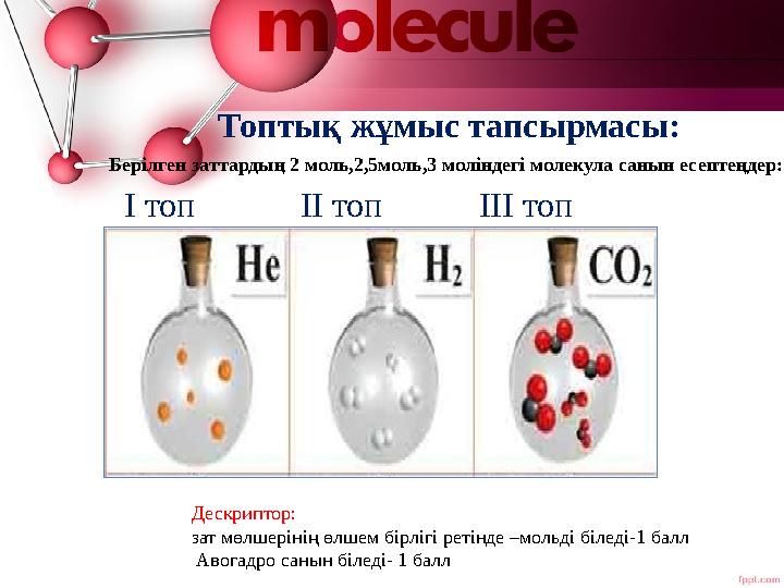 Берілген заттардың 2 моль,2,5моль,3 моліндегі молекула санын есептеңдер: І топ ІІ топ ІІІ топ Топтық жұмыс