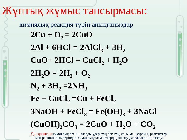 Жұптық жұмыс тапсырмасы: химиялық реакция түрін анықтаңыздар 2Cu + O 2 = 2CuO 2Al + 6HCl = 2AlCl 3 + 3H 2 CuO+ 2HCl = CuCl