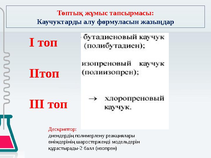 Топтық жұмыс тапсырмасы: Каучуктарды алу формуласын жазыңдар І топ ІІтоп ІІІ топ Дескриптор: диендердің полимерлену реакциялары