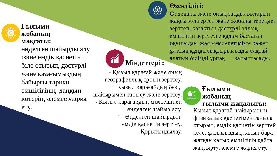 Ғылыми жобаның мақсаты: өңделген шайырды алу және емдік қасиетін біле отырып, дәстүрлі және қазағымыздың байырғы тарихи е