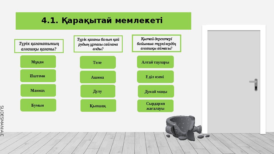 S L I D E S M A N I A . C O M 4.1. Қарақытай мемлекеті Түрік қағанатының алғашқы қағаны? Мұқан Иштеми Маниах Бумын Түрік