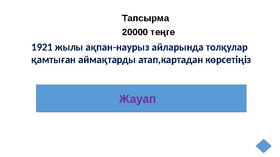 Тапсырма 20000 теңге Жауап 1921 жылы ақпан-наурыз айларында толқулар қамтыған аймақтарды атап,картадан көрсетіңіз