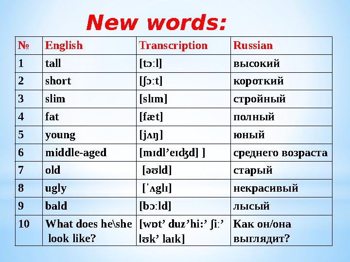 №English TranscriptionRussian 1tall [tɔːl] высокий 2short [ʃɔːt] короткий 3slim [slɪm] стройный 4fat [fæt] полный 5young [jʌŋ] ю