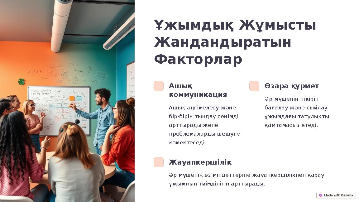 Ұжымдық Жұмысты Жандандыратын Факторлар Ашық коммуникация Ашық әңгімелесу және бір-бірін тыңдау сенімді арттырады және про