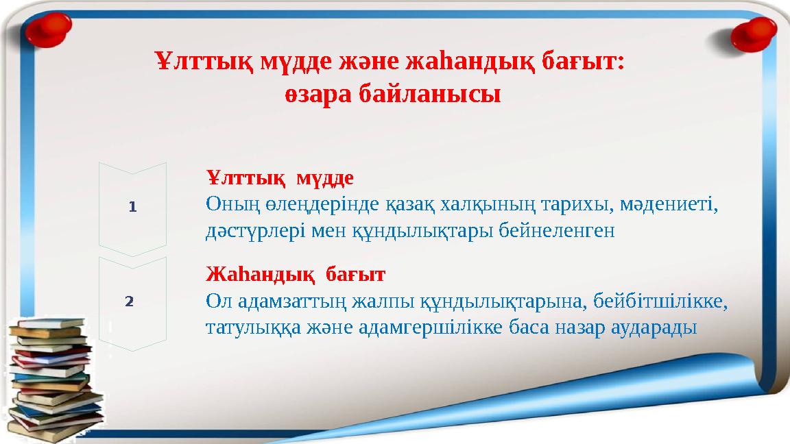 Ұлттық мүдде және жаһандық бағыт: өзара байланысы 1 2 Ұлттық мүдде Оның өлеңдерінде қазақ халқының тарихы, мәдениеті, дәстү