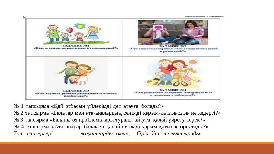 № 1 тапсырма «Қай отбасын үйлесімді деп атауға болады?» № 2 тапсырма «Балалар мен ата-аналардың сенімді қарым-қатынасына не кед