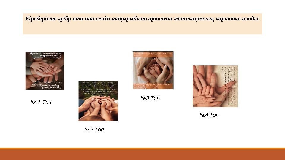 Кіреберісте әрбір ата-ана сенім тақырыбына арналған мотивациялық карточка алады. № 1 Топ №2 Топ №3 Топ №4 Топ
