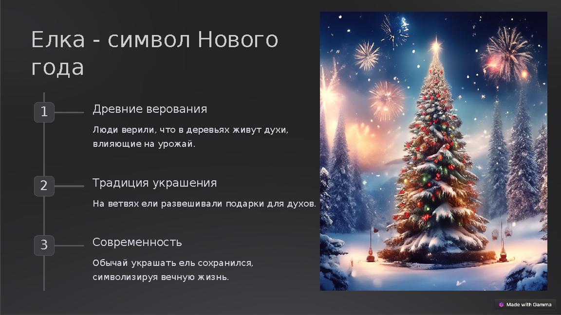 Елка - символ Нового года 1 Древние верования Люди верили, что в деревьях живут духи, влияющие на урожай. 2 Традиция украшени