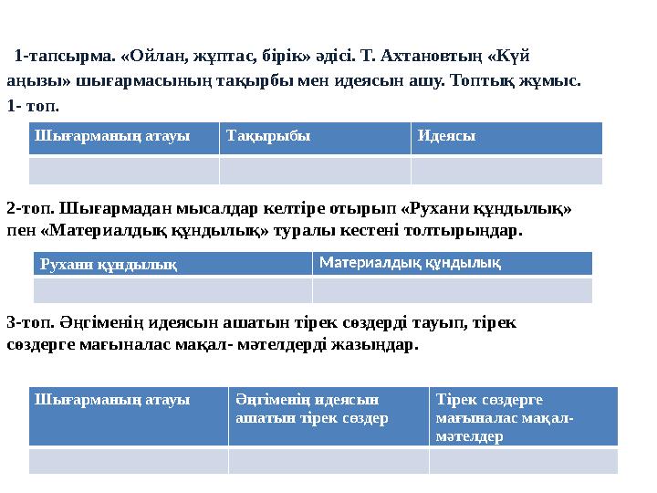 1-тапсырма. «Ойлан, жұптас, бірік» әдісі. Т. Ахтановтың «Күй аңызы» шығармасының тақырбы мен идеясын ашу. Топтық жұмыс. 1- топ 1-тапсырма. «Ойлан, жұптас, бірік» әдісі. Т. Ахтановтың «Күй аңызы» шығармасының тақырбы мен идеясын ашу. Топтық жұмыс. 1- топ