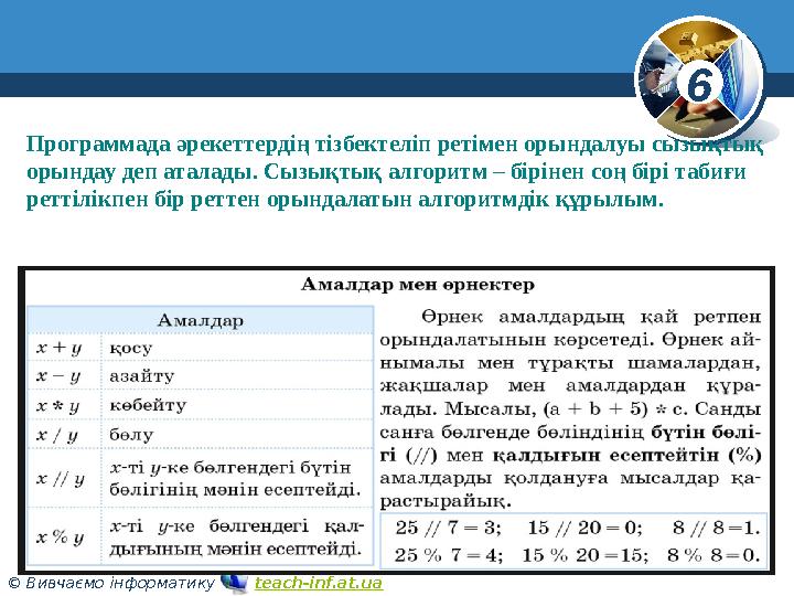 6 © Вивчаємо інформатику teach-inf.at.ua Программада әрекеттердің тізбектеліп ретімен орындалуы сызықтық орындау деп ата