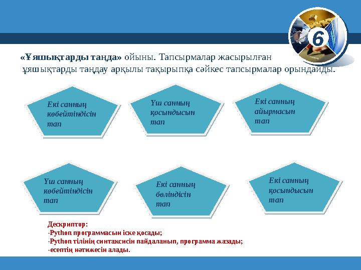 6 © Вивчаємо інформатику teach-inf.at.ua www.teach-inf.at.uaЕкі санның көбейтіндісін тап Екі санның көбейтіндісін т