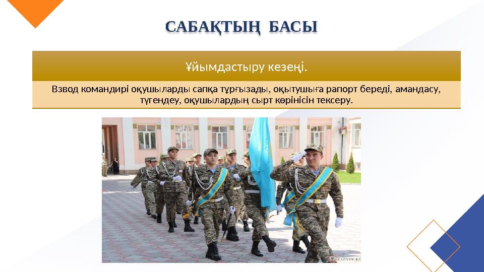 САБАҚТЫҢ БАСЫ Ұйымдастыру кезеңі. Взвод командирі оқушыларды сапқа тұрғызады, оқытушыға рапорт береді, амандасу, түгендеу,