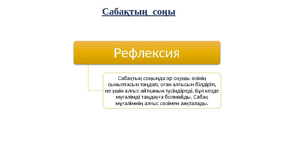 Сабақтың соңы Рефлексия Сабақтың соңында әр оқушы өзінің сыныптасын таңдап, оған алғысын білдіріп, не үшін алғыс айтқанын т