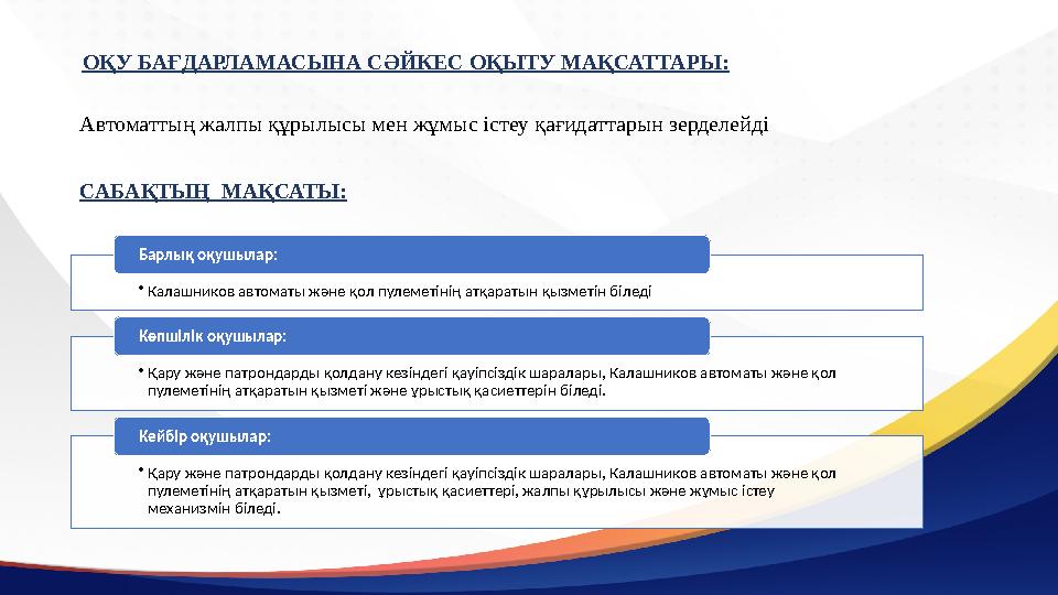 САБАҚТЫҢ МАҚСАТЫ: ОҚУ БАҒДАРЛАМАСЫНА СӘЙКЕС ОҚЫТУ МАҚСАТТАРЫ: Автоматтың жалпы құрылысы мен жұмыс істеу қағидаттарын зерделейді