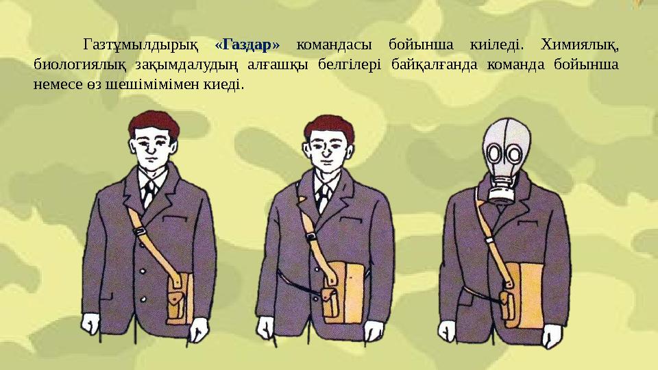 Газтұмылдырық «Газдар» командасы бойынша киіледі. Химиялық, биологиялық зақымдалудың алғашқы белгілері байқалғанда команда бойы