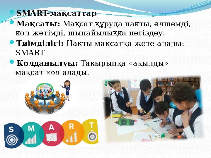 SMART-мақсаттар Мақсаты: Мақсат құруда нақты, өлшемді, қол жетімді, шынайылыққа негіздеу. Тиімділігі: Нақты мақсатқа жете ал SMART-мақсаттар Мақсаты: Мақсат құруда нақты, өлшемді, қол жетімді, шынайылыққа негіздеу. Тиімділігі: Нақты мақсатқа жете ал