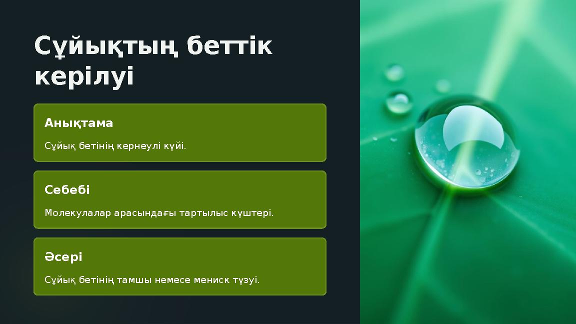 Сұйықтың беттік керілуі Анықтама Сұйық бетінің кернеулі күйі. Себебі Молекулалар арасындағы тартылыс күштері. Әсері Сұйық беті Сұйықтың беттік керілуі Анықтама Сұйық бетінің кернеулі күйі. Себебі Молекулалар арасындағы тартылыс күштері. Әсері Сұйық беті