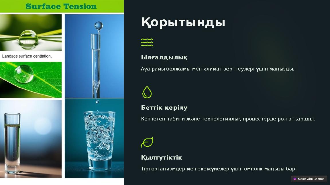 Қорытынды Ылғалдылық Ауа райы болжамы мен климат зерттеулері үшін маңызды. Беттік керілу Көптеген табиғи және технологиялық про Қорытынды Ылғалдылық Ауа райы болжамы мен климат зерттеулері үшін маңызды. Беттік керілу Көптеген табиғи және технологиялық про