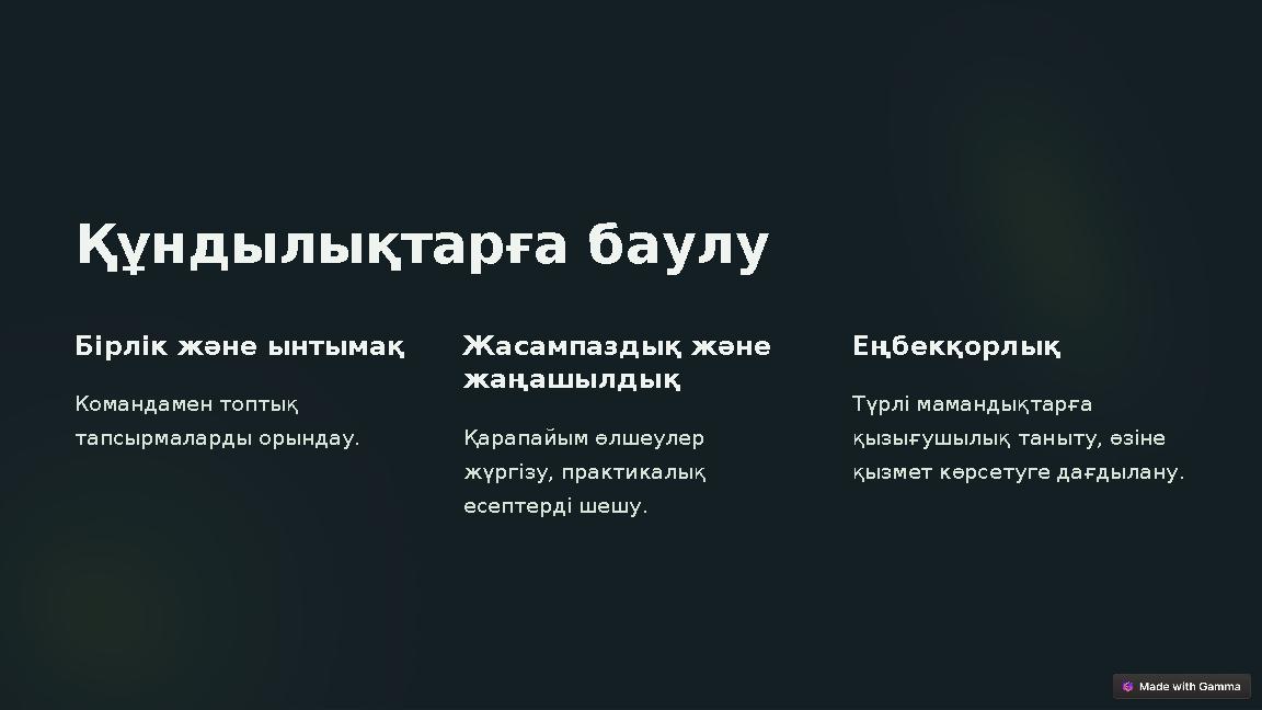 Құндылықтарға баулу Бірлік және ынтымақ Командамен топтық тапсырмаларды орындау. Жасампаздық және жаңашылдық Қарапайым өлшеул Құндылықтарға баулу Бірлік және ынтымақ Командамен топтық тапсырмаларды орындау. Жасампаздық және жаңашылдық Қарапайым өлшеул