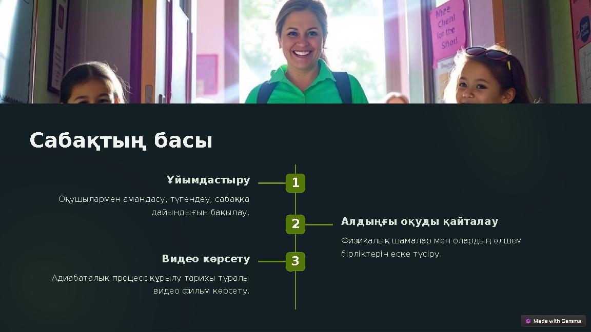 Сабақтың басы 1 Ұйымдастыру Оқушылармен амандасу, түгендеу, сабаққа дайындығын бақылау. 2 Алдыңғы оқуды қайталау Физикалық шам Сабақтың басы 1 Ұйымдастыру Оқушылармен амандасу, түгендеу, сабаққа дайындығын бақылау. 2 Алдыңғы оқуды қайталау Физикалық шам