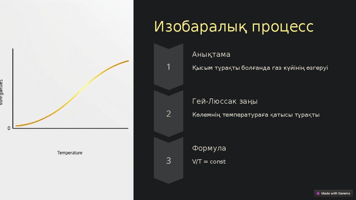 Изобаралық процесс Анықтама Қысым тұрақты болғанда газ күйінің өзгеруі Гей-Люссак заңы Көлемнің температураға қатысы тұрақты Фор Изобаралық процесс Анықтама Қысым тұрақты болғанда газ күйінің өзгеруі Гей-Люссак заңы Көлемнің температураға қатысы тұрақты Фор