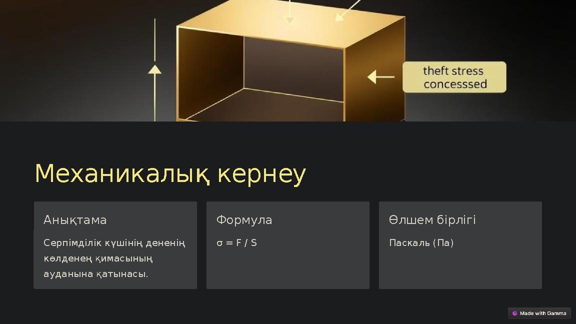 Механикалық кернеу Анықтама Серпімділік күшінің дененің көлденең қимасының ауданына қатынасы. Формула σ = F / S Өлшем бірлігі Механикалық кернеу Анықтама Серпімділік күшінің дененің көлденең қимасының ауданына қатынасы. Формула σ = F / S Өлшем бірлігі