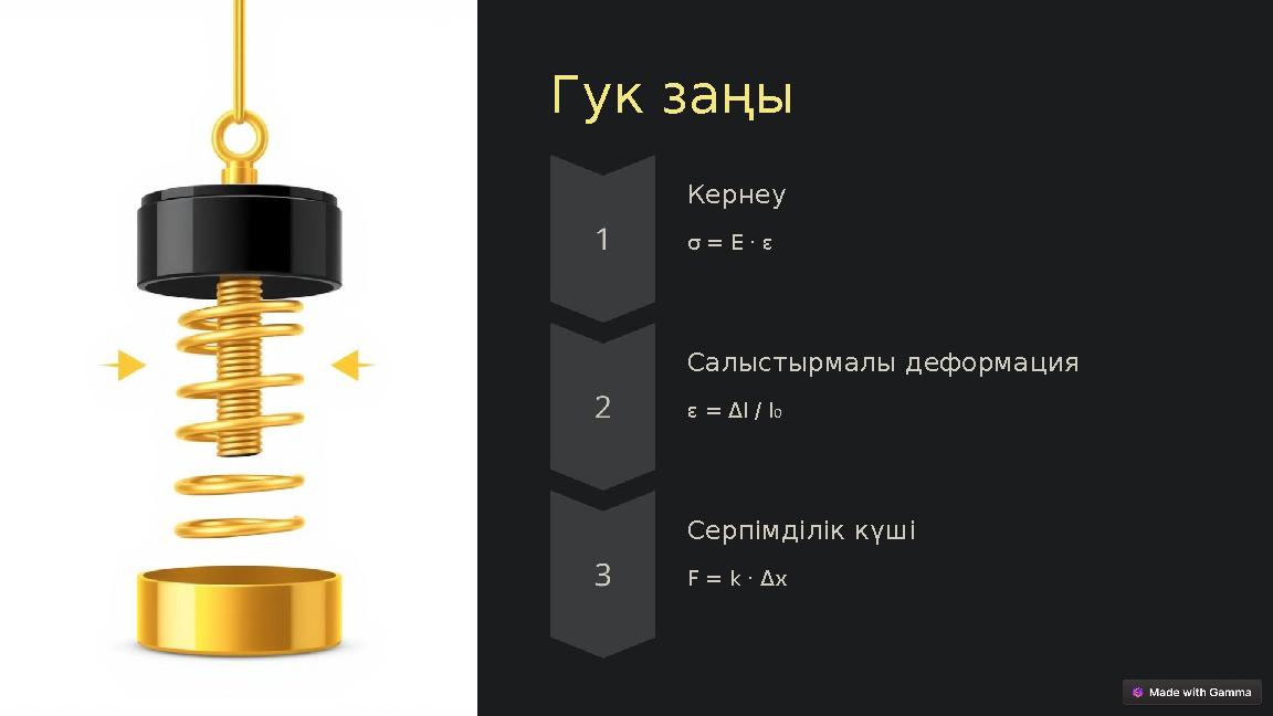 Гук заңы Кернеу σ = E · ε Салыстырмалы деформация ε = Δl / l₀ Серпімділік күші F = k · Δx Гук заңы Кернеу σ = E · ε Салыстырмалы деформация ε = Δl / l₀ Серпімділік күші F = k · Δx