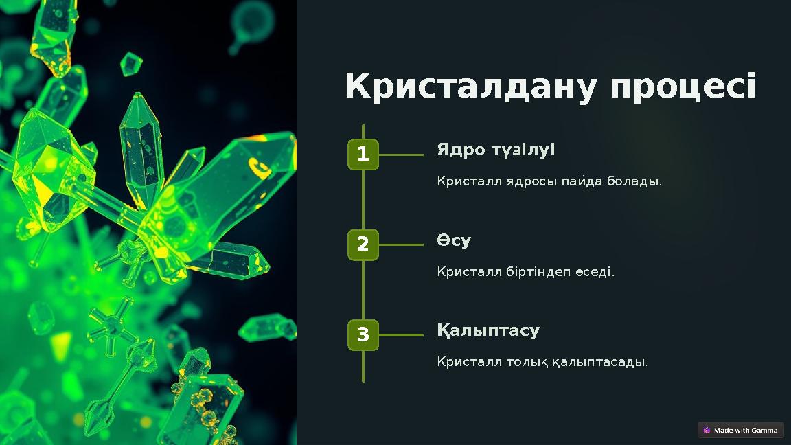 Кристалдану процесі 1 Ядро түзілуі Кристалл ядросы пайда болады. 2 Өсу Кристалл біртіндеп өседі. 3 Қалыптасу Кристалл толық қал Кристалдану процесі 1 Ядро түзілуі Кристалл ядросы пайда болады. 2 Өсу Кристалл біртіндеп өседі. 3 Қалыптасу Кристалл толық қал