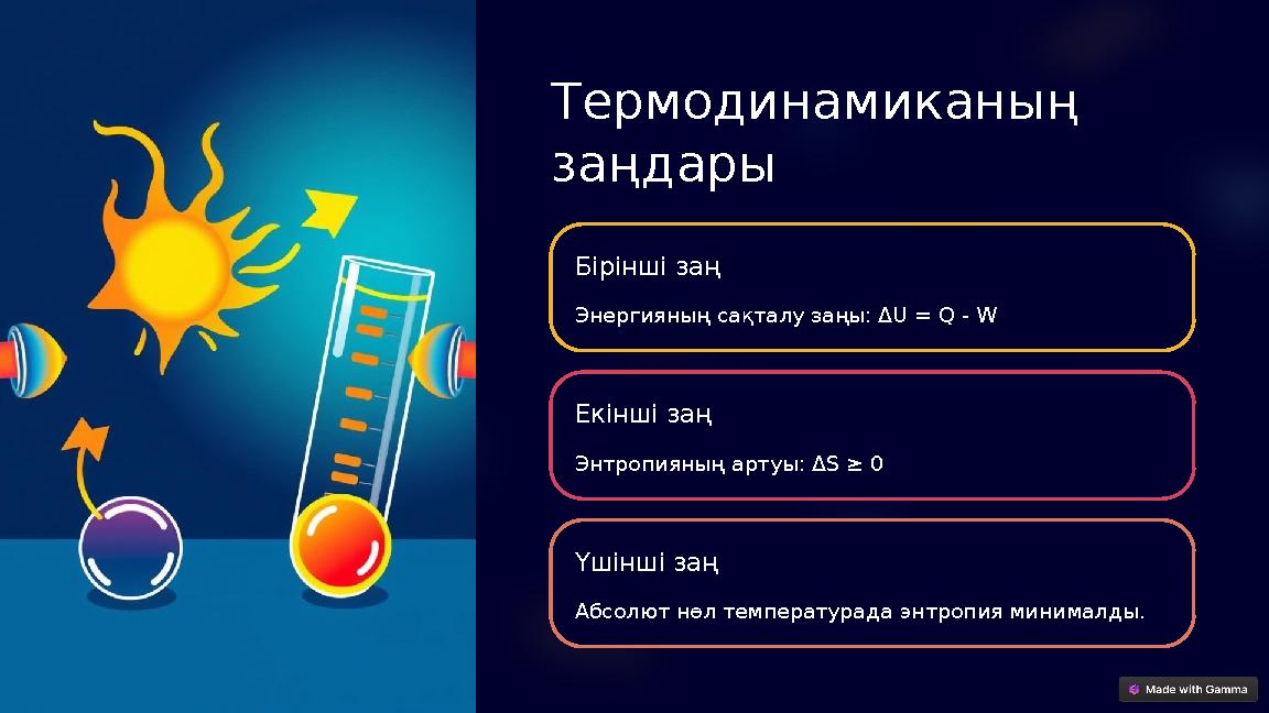 Термодинамиканың заңдары Бірінші заң Энергияның сақталу заңы: ΔU = Q - W Екінші заң Энтропияның артуы: ΔS ≥ 0 Үшінші заң Абсол Термодинамиканың заңдары Бірінші заң Энергияның сақталу заңы: ΔU = Q - W Екінші заң Энтропияның артуы: ΔS ≥ 0 Үшінші заң Абсол