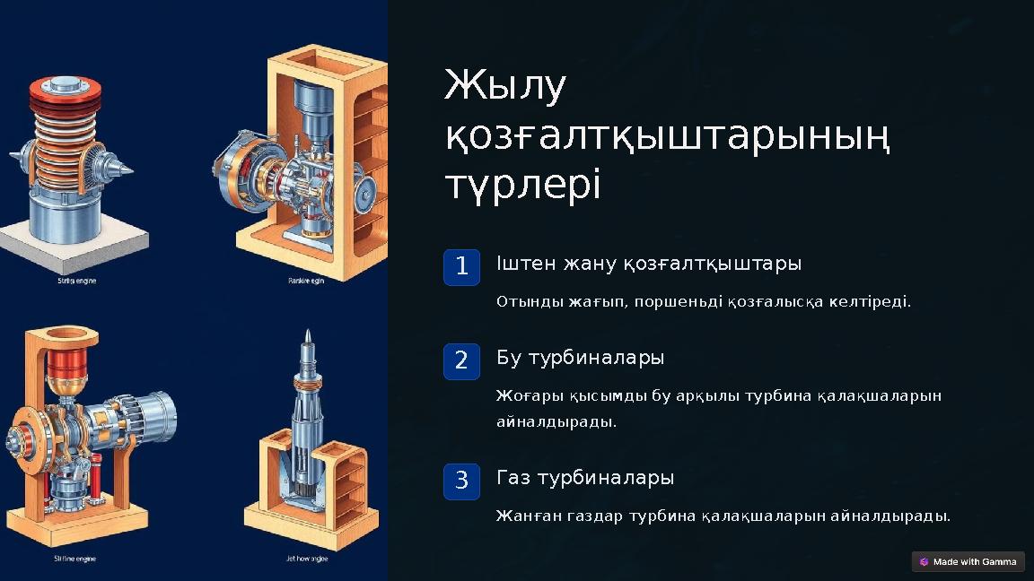 Жылу қозғалтқыштарының түрлері 1Іштен жану қозғалтқыштары Отынды жағып, поршеньді қозғалысқа келтіреді. 2Бу турбиналары Жоғар Жылу қозғалтқыштарының түрлері 1Іштен жану қозғалтқыштары Отынды жағып, поршеньді қозғалысқа келтіреді. 2Бу турбиналары Жоғар