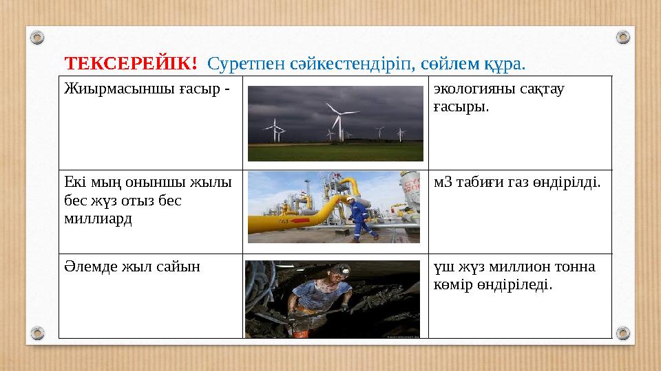 ТЕКСЕРЕЙІК! Суретпен сәйкестендіріп, сөйлем құра. Жиырмасыншы ғасыр - экологияны сақтау ғасыры. Екі мың оныншы жылы бес жүз от