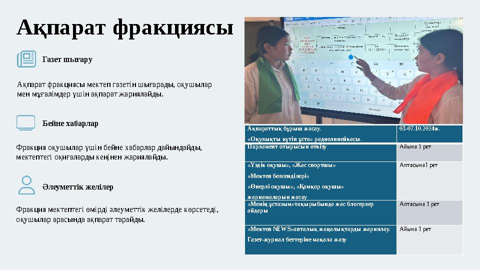 Ақпарат фракциясы Ақпараттық бұрыш жасау. «Оқулықты күтіп ұста» радиолинейкасы. 03-07.10.2024ж. Парламент отырысын өткізу Айына