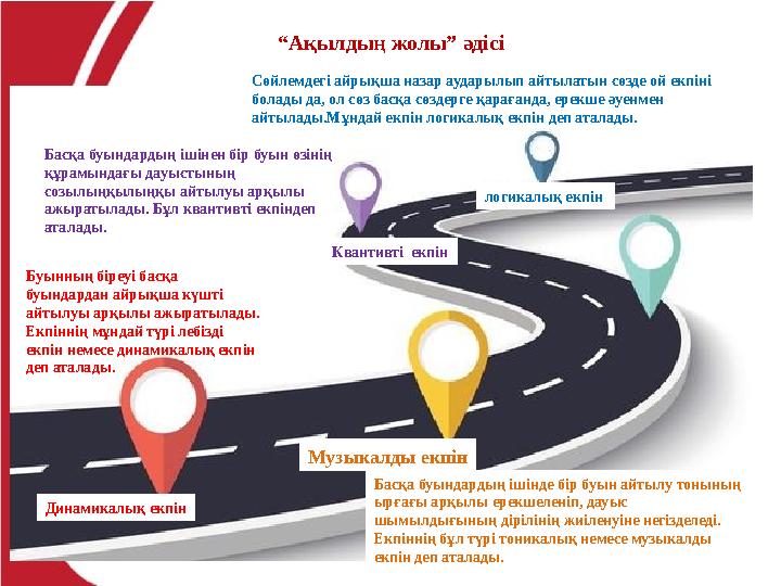 “Ақылдың жолы” әдісі Динамикалық екпін Буынның біреуі басқа буындардан айрықша күшті айтылуы арқылы ажыратылады. Екпіннің мұн