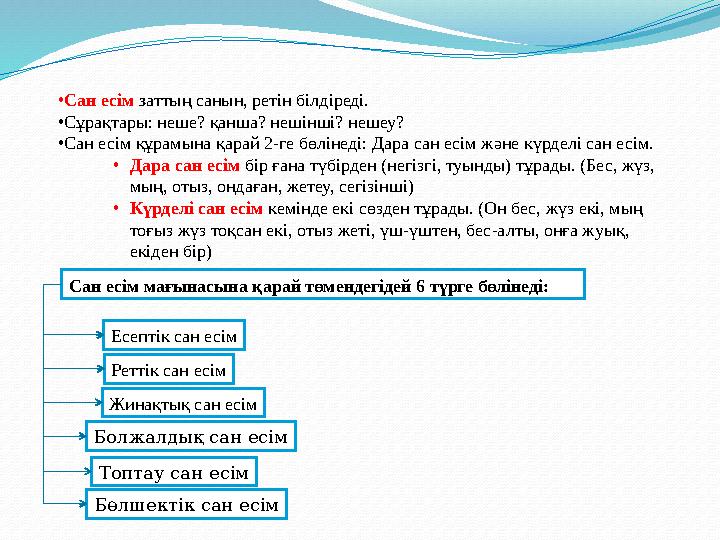 •Сан есім заттың санын, ретін білдіреді. •Сұрақтары: неше? қанша? нешінші? нешеу? •Сан есім құрамына қарай 2-ге бөлінеді: Дара