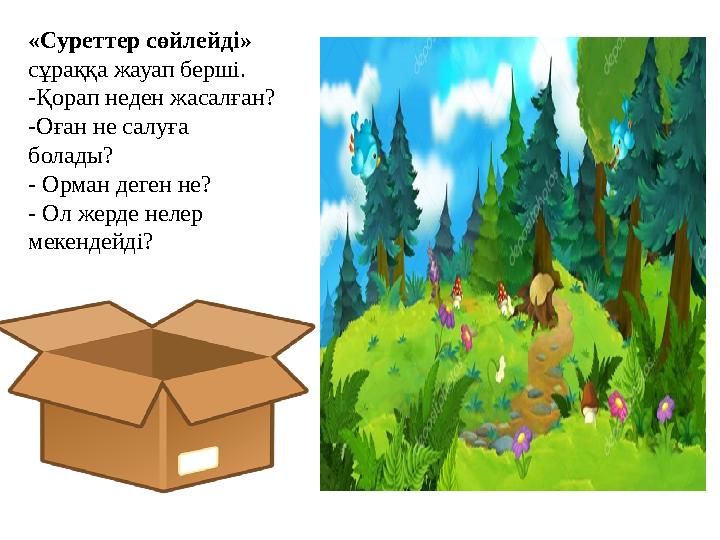 «Суреттер сөйлейді» сұраққа жауап берші. -Қорап неден жасалған? -Оған не салуға болады? - Орман деген не? - Ол жерде нелер м