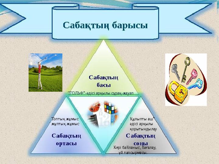 “ГОЛЬФ”-әдісі арқылы сұрақ-жауап Топтық жұмыс жұптық жұмыс Құлыпты аш” әдісі арқылы қорытындылау Кері байланыс, бағалау, үй