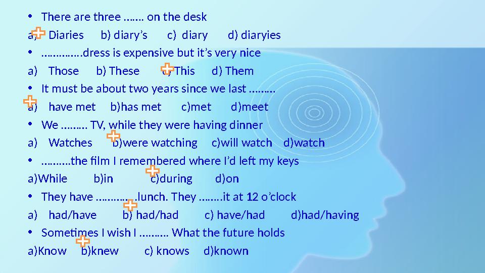•There are three ……. on the desk a)Diaries b) diary’s c) diary d) diaryies •…………..dress is expensive but it’s •There are three ……. on the desk a)Diaries b) diary’s c) diary d) diaryies •…………..dress is expensive but it’s