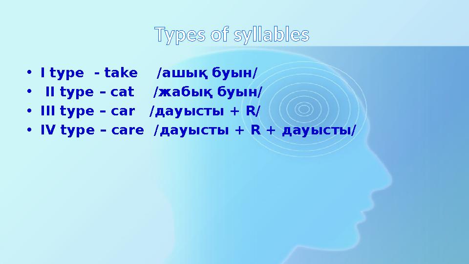 Types of syllables •I type - take /ашық буын / • II type – cat /жабық буын / •III type – car /дауысты + R/ •IV type – ca Types of syllables •I type - take /ашық буын / • II type – cat /жабық буын / •III type – car /дауысты + R/ •IV type – ca