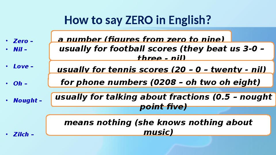 How to say ZERO in English? •Zero – •Nil – •Love – •Oh – •Nought – •Zilch – a number (figures from zero to nine) usually fo How to say ZERO in English? •Zero – •Nil – •Love – •Oh – •Nought – •Zilch – a number (figures from zero to nine) usually fo