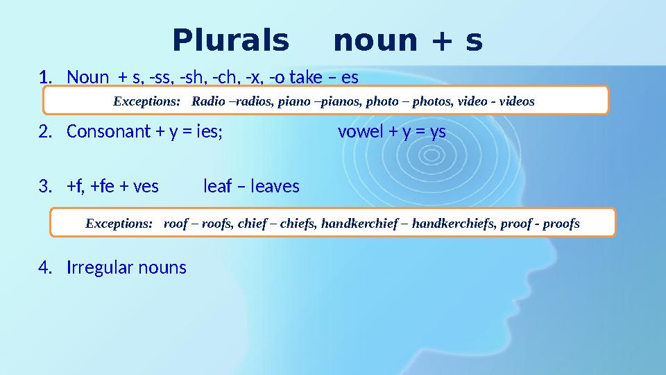 Plurals noun + s 1.Noun + s, -ss, -sh, -ch, -x, -o take – es 2.Consonant + y = ies; vowel + y = ys Plurals noun + s 1.Noun + s, -ss, -sh, -ch, -x, -o take – es 2.Consonant + y = ies; vowel + y = ys