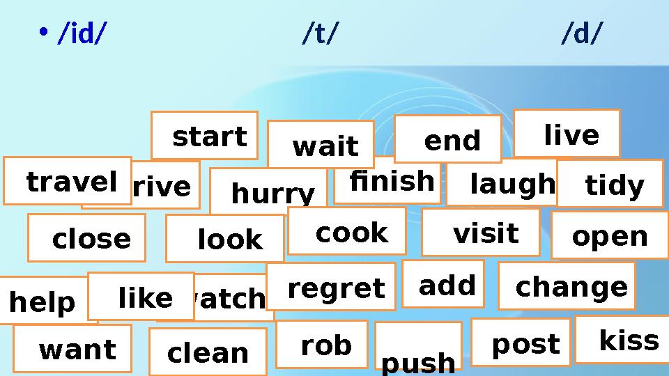 •/id/ /t/ /d/ arrive hurry close look cook visitopen want help w •/id/ /t/ /d/ arrive hurry close look cook visitopen want help w