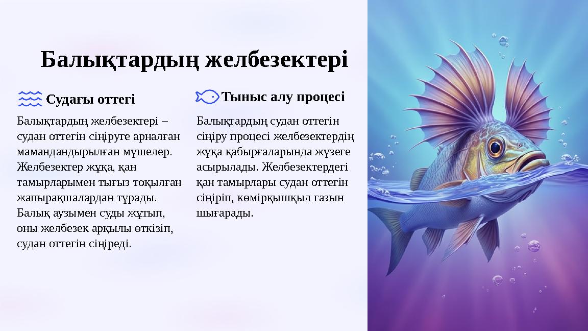 Балықтардың желбезектері Судағы оттегі Балықтардың желбезектері – судан оттегін сіңіруге арналған мамандандырылған мүшелер.