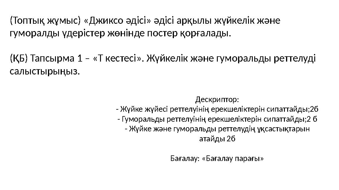 (Топтық жұмыс) «Джиксо әдісі» әдісі арқылы жүйкелік және гуморалды үдерістер жөнінде постер қорғалады. (ҚБ) Тапсырма 1 – «Т ке